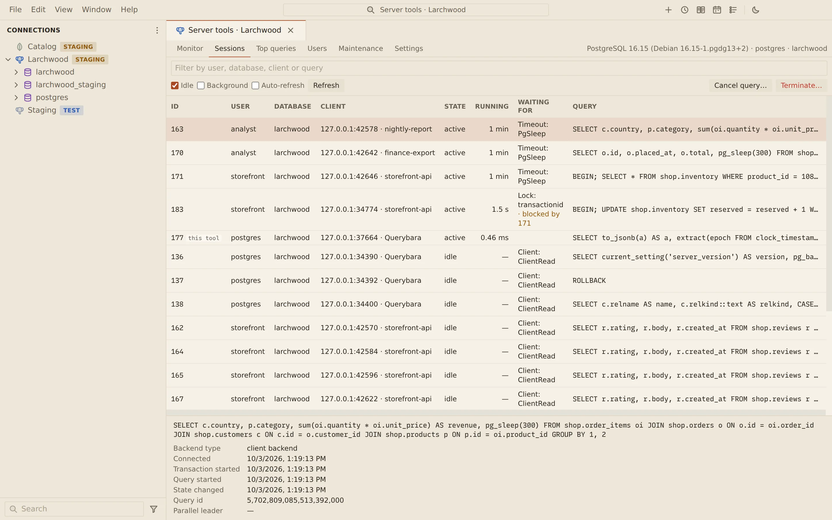 PostgreSQL sessions list with users, client applications, state, running time and wait events, including a storefront session blocked by another's row lock; one long report query selected with its full text, and Cancel query and Terminate buttons.