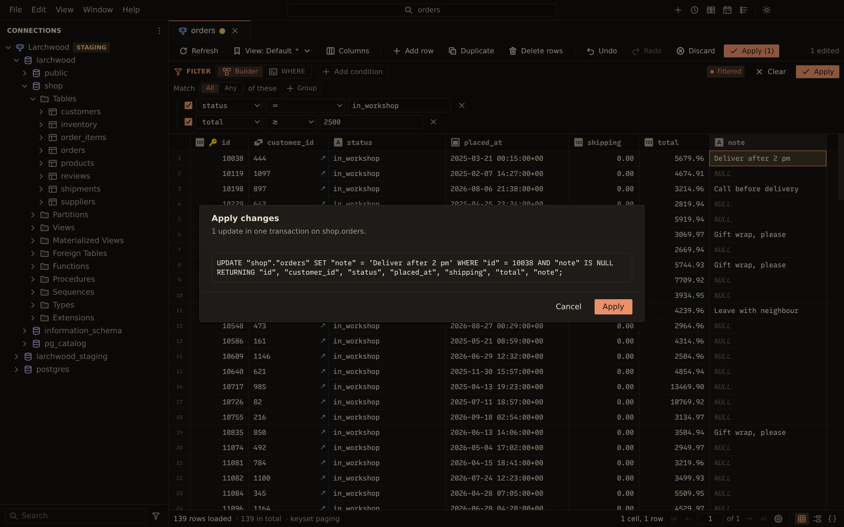 The Apply changes dialog over the orders grid, describing 1 update in one transaction on shop.orders. The SQL preview reads UPDATE "shop"."orders" SET "note" = 'Deliver after 2 pm' WHERE "id" = 10038 AND "note" IS NULL RETURNING the row's columns.