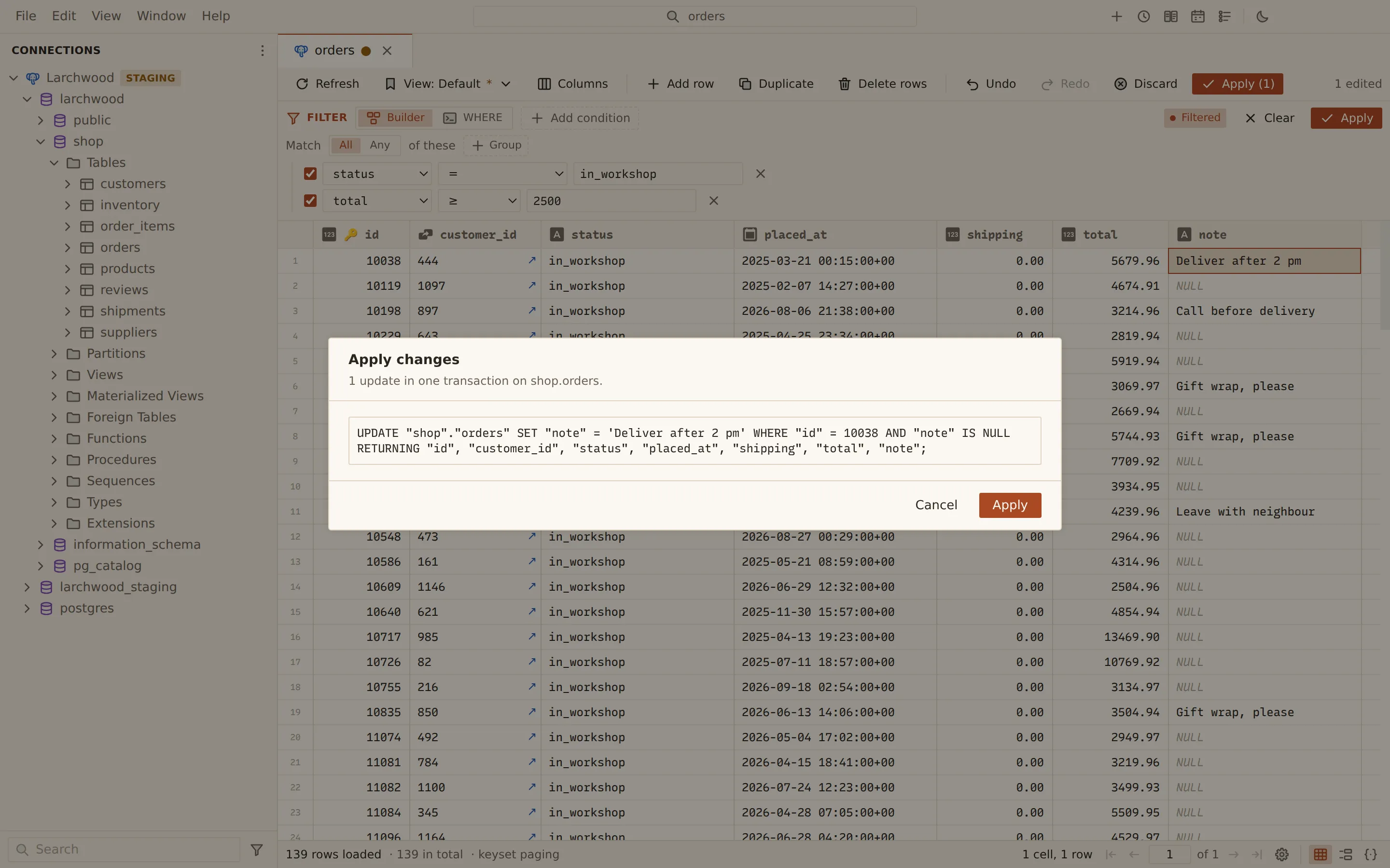 The Apply changes dialog over the orders grid, describing 1 update in one transaction on shop.orders. The SQL preview reads UPDATE "shop"."orders" SET "note" = 'Deliver after 2 pm' WHERE "id" = 10038 AND "note" IS NULL RETURNING the row's columns.