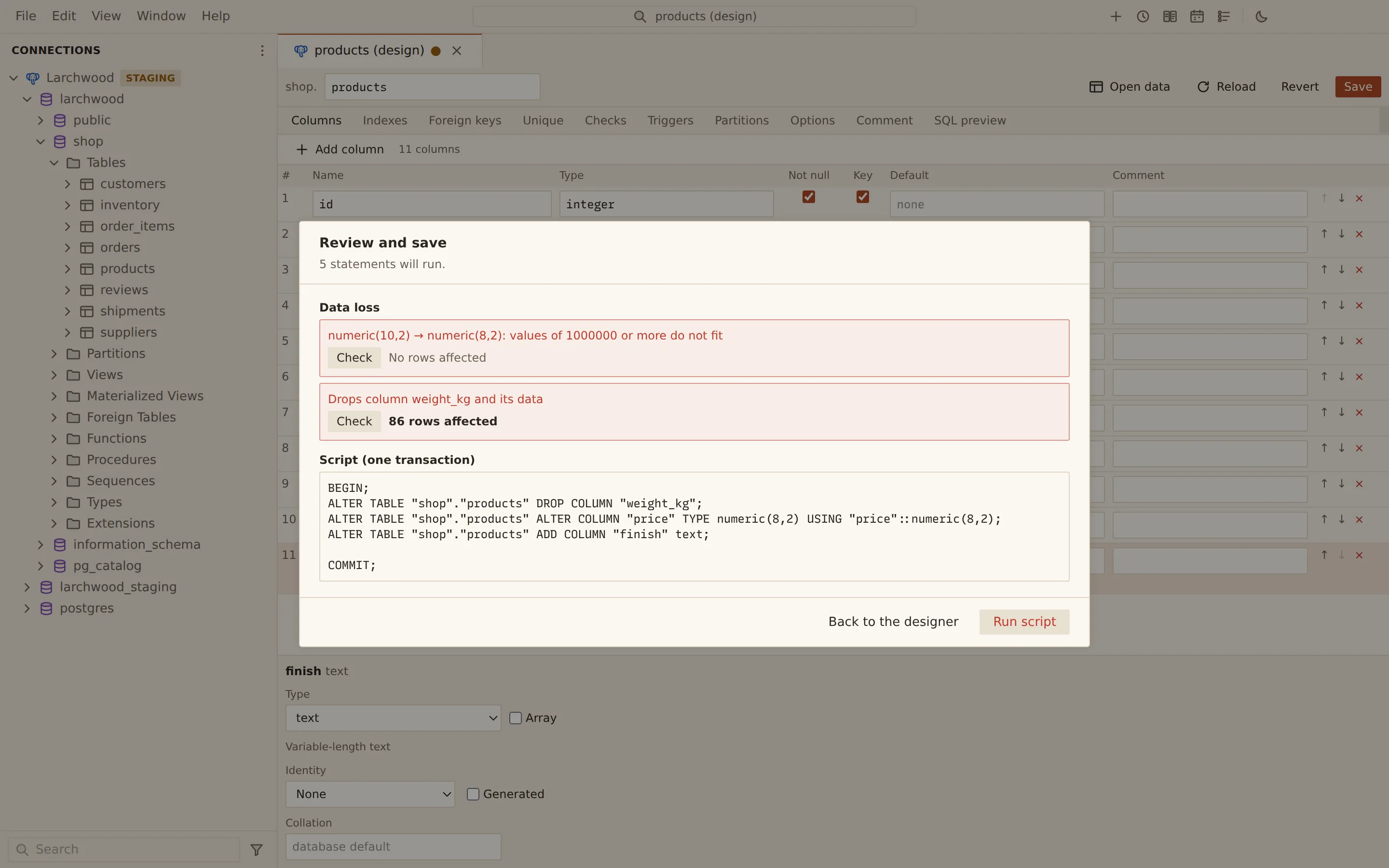 The table designer for shop.products with the Review and save dialog open. Two data-loss warnings have been checked: narrowing price to numeric(8,2) affects no rows, and dropping weight_kg affects 86 rows. The script runs in one transaction, dropping weight_kg, altering the price type and adding a finish column.