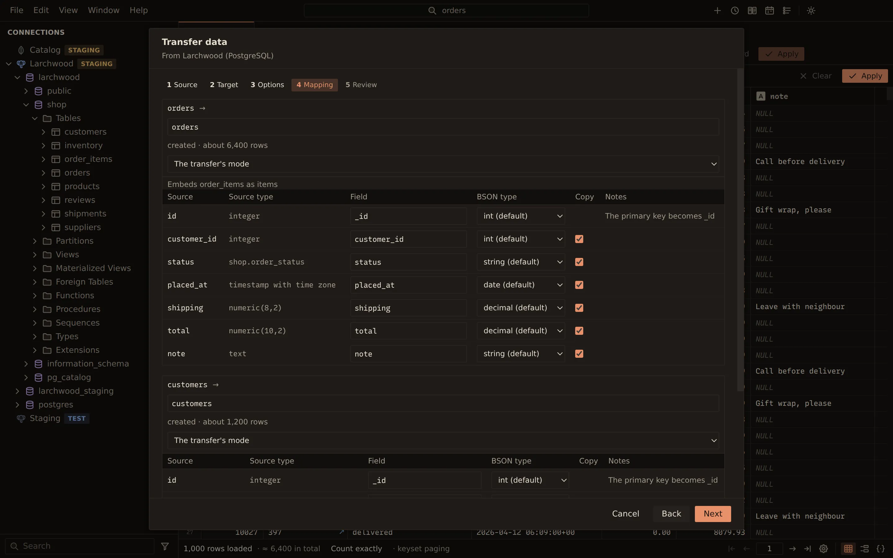 Transfer data wizard, Mapping step: each PostgreSQL column of orders mapped to a MongoDB field and BSON type, the id becoming _id, numeric columns as decimal, timestamps as date, and order_items embedded as items.