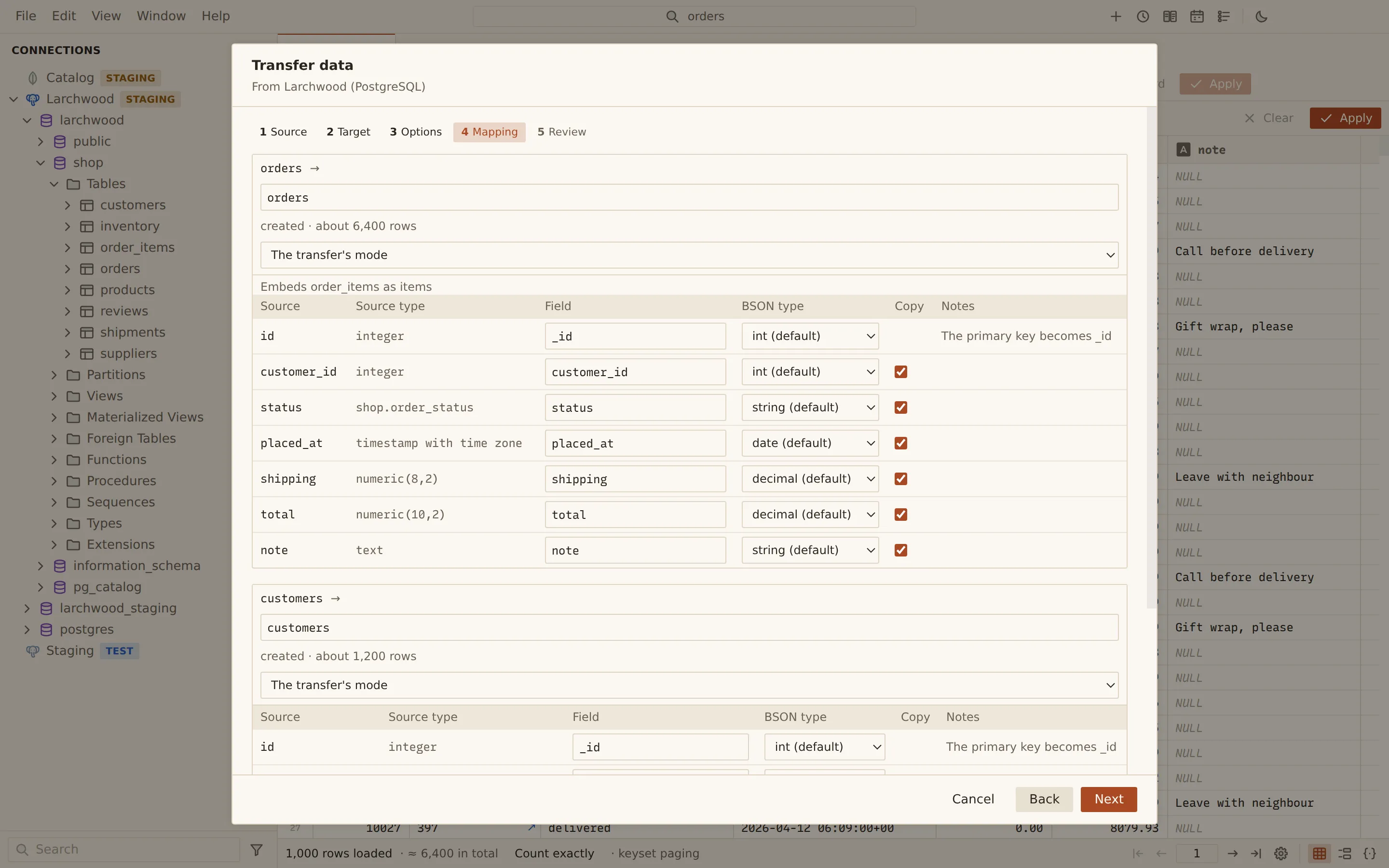 Transfer data wizard, Mapping step: each PostgreSQL column of orders mapped to a MongoDB field and BSON type, the id becoming _id, numeric columns as decimal, timestamps as date, and order_items embedded as items.